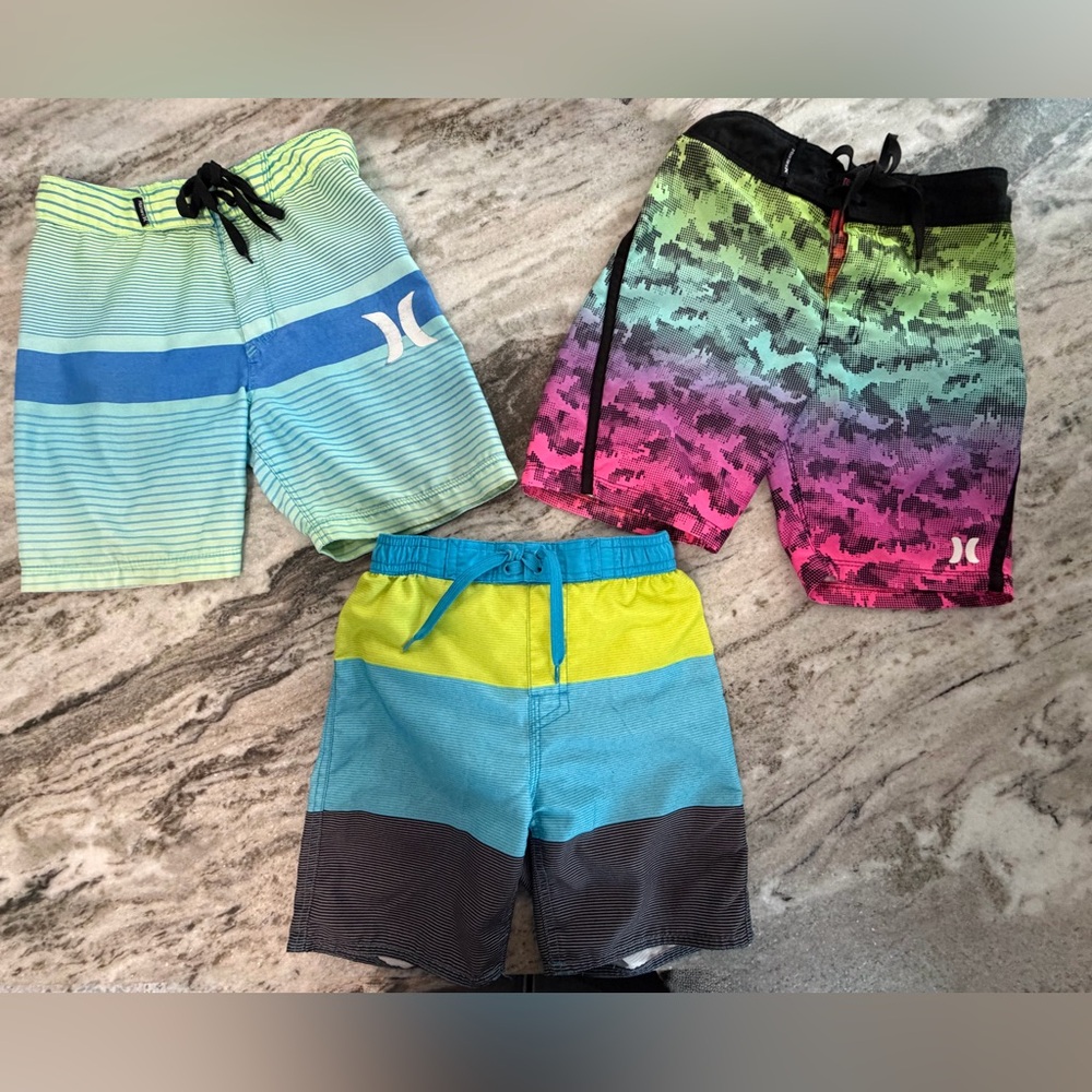 Lot (3) Hurley Kids' Multicolor Board Shorts.Swim Trunks.Mixed Brand. Sz: 5 & 6